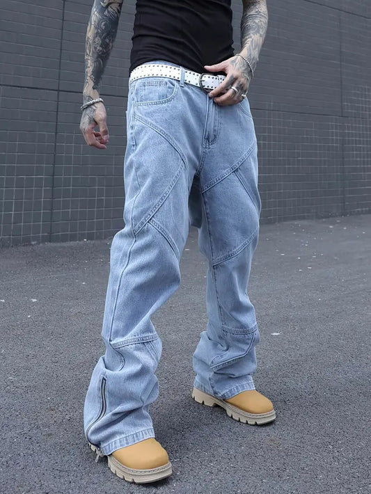 Men’s Multi-Seam Denim Pants – Solid Color Workwear Jeans with Zipper Closure & Regular Fit