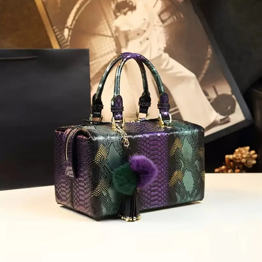 High-End Snake Print Genuine Leather Shoulder Bag – Vintage Style Mom Handbag with Zipper Closure, Edge Paint Detail & Lined Interior