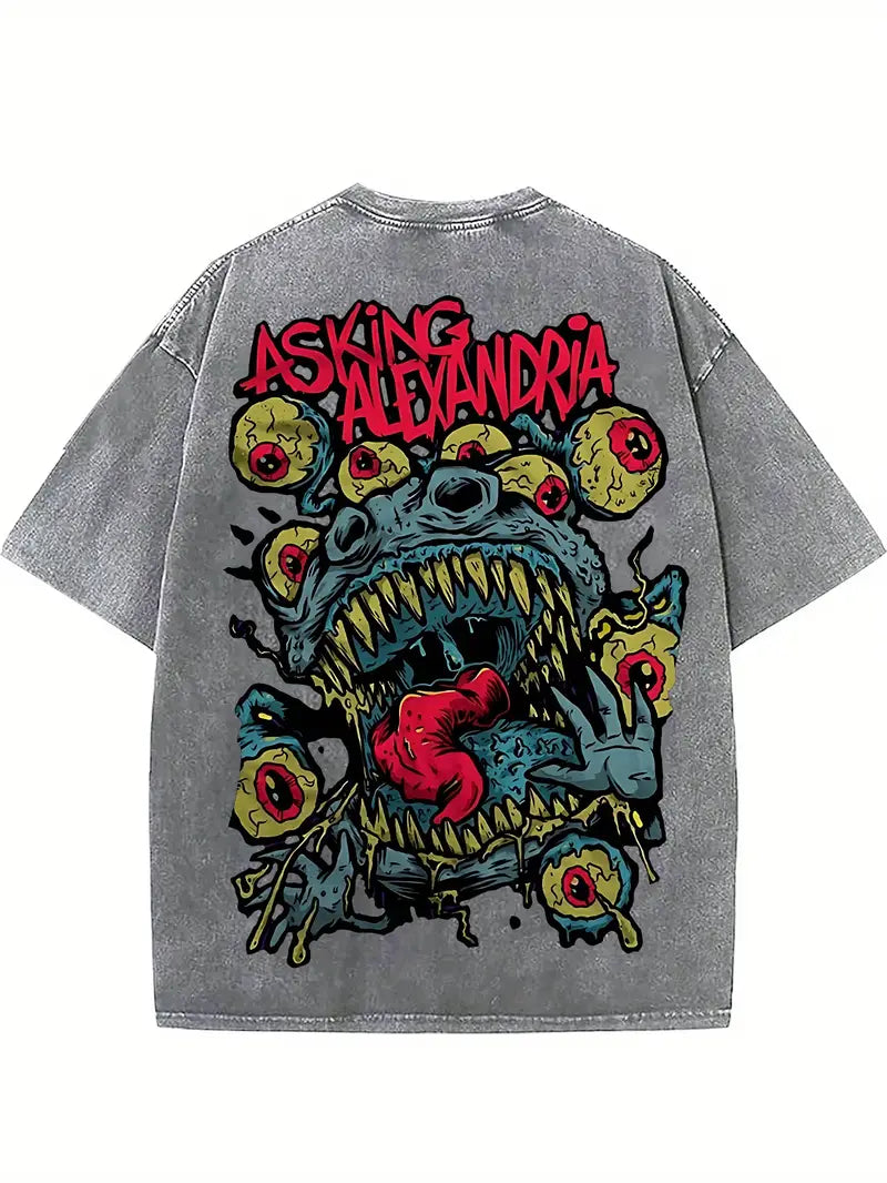Men's Horror Graphic T-Shirt Distressed Black Cotton Loose Fit Short Sleeve ASKING Alexandria Print