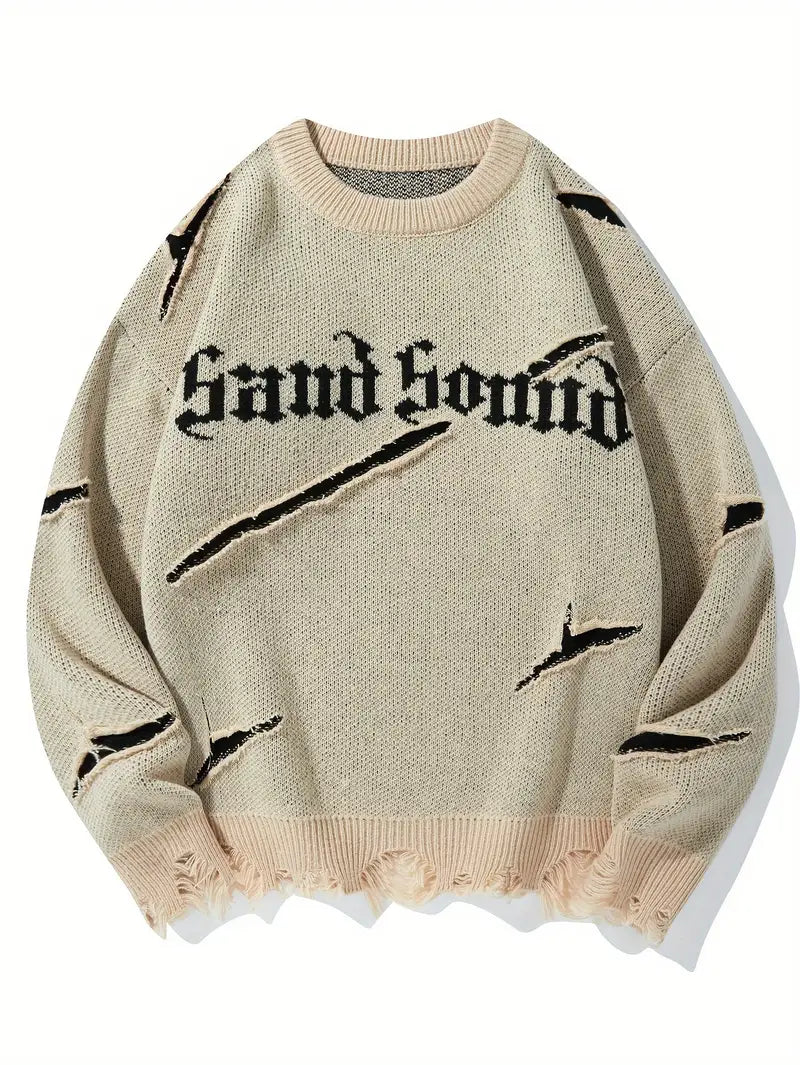 Men's Distressed Knit Sweater – Casual Pullover, Ripped Detail, Loose Fit Streetwear for Fall/Winter