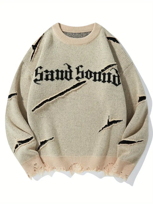 Men's Distressed Knit Sweater – Casual Pullover, Ripped Detail, Loose Fit Streetwear for Fall/Winter