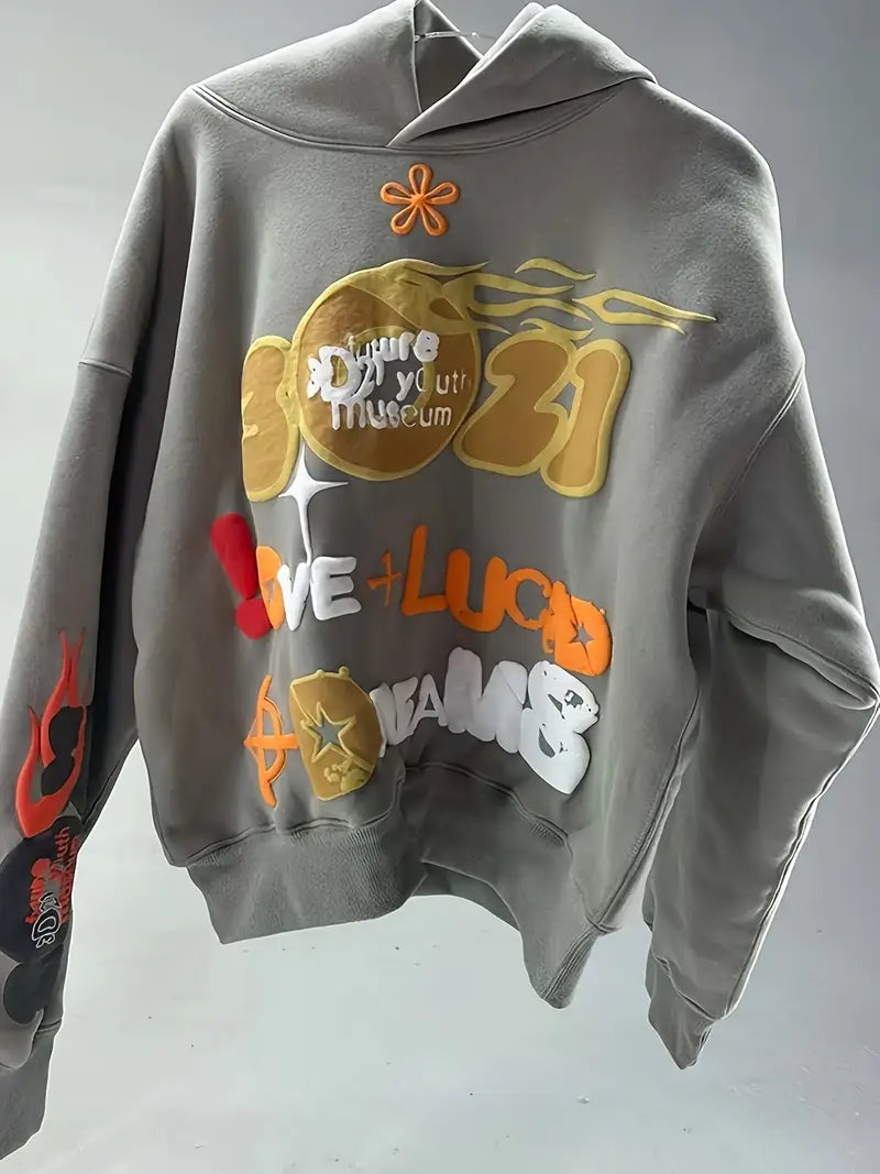 Women's Oversized Y2K Harajuku Hoodie with 3D Foam Lettering Beige Golden Japanese Text Loose Fit Pullover