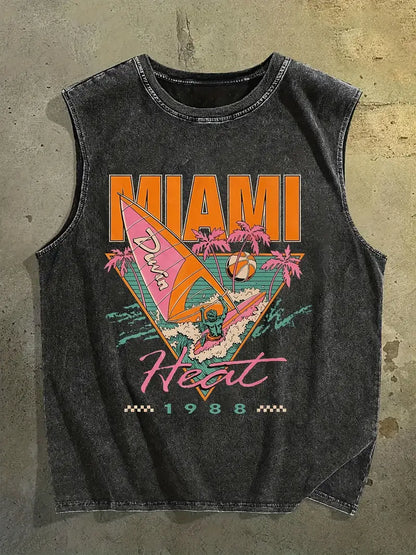 Men’s Washed Cotton Sleeveless Vest – Vintage Miami Print, Loose Fit Summer Tank Top