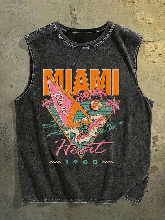 Men’s Washed Cotton Sleeveless Vest – Vintage Miami Print, Loose Fit Summer Tank Top