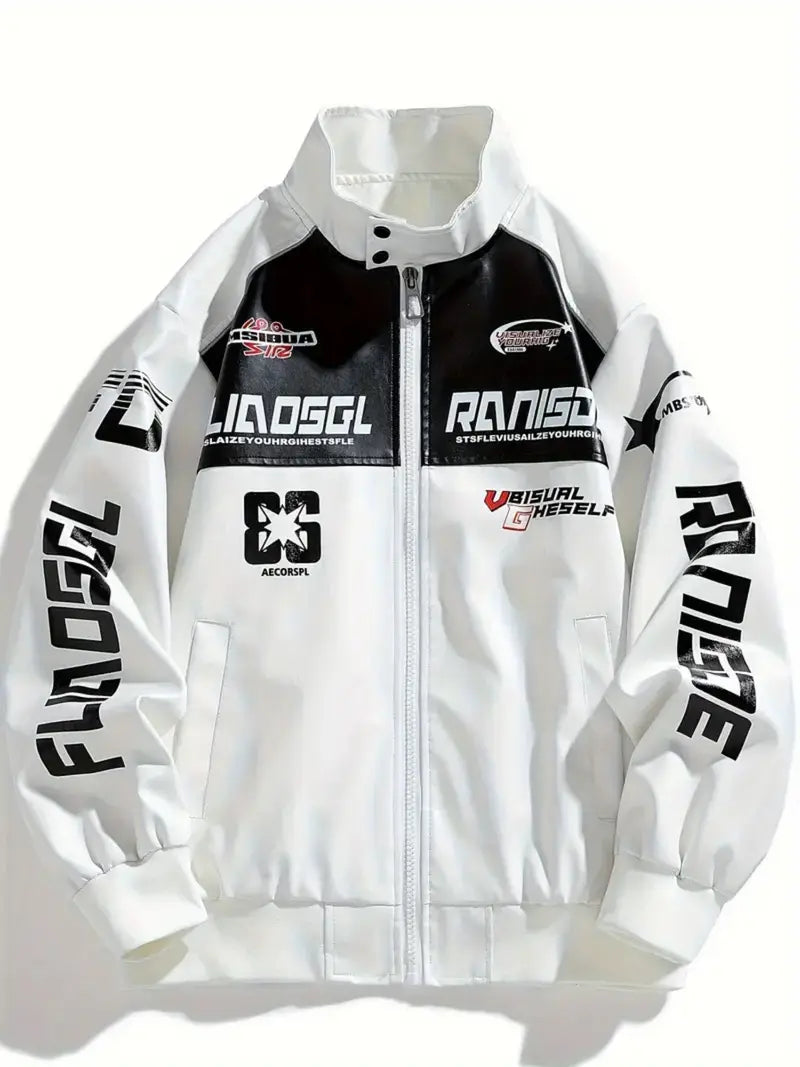Men's Zip-Up Motorcycle Jacket with Color Block Design Stand Collar Multiple Pockets Casual Winter Outerwear White