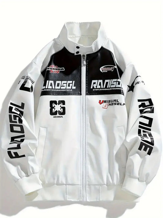 Men's Zip-Up Motorcycle Jacket with Color Block Design Stand Collar Multiple Pockets Casual Winter Outerwear White
