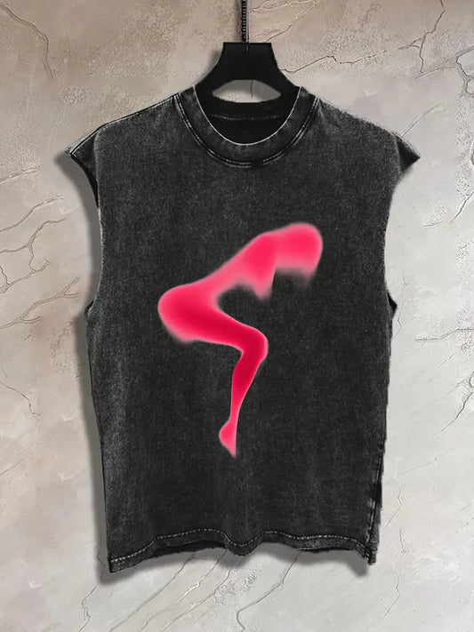 Men’s Vintage Washed Cotton Tank Top – 230GSM Sleeveless Shirt with Red Silhouette Print, Relaxed Fit