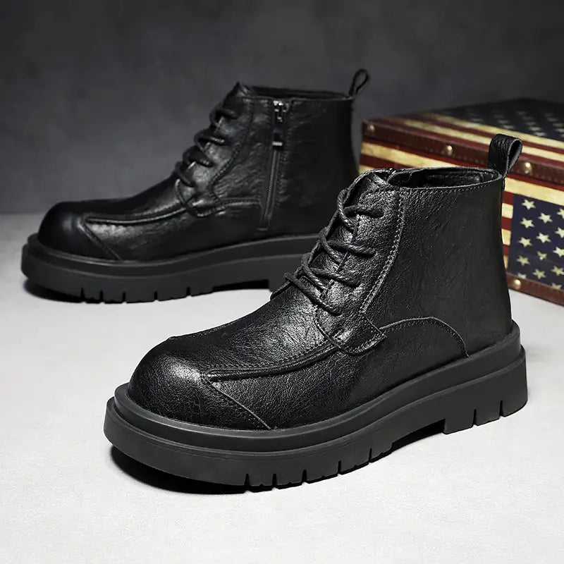 Men's Heavy-Duty Height Increase Shoes with Anti-Slip Rubber Sole PU Upper All-Terrain Traction Black