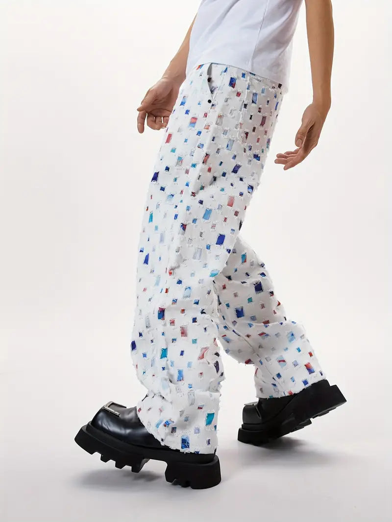 Men’s Baggy White Jeans – Y2K Skateboard Style Straight-Leg Denim with Floral Lattice Print