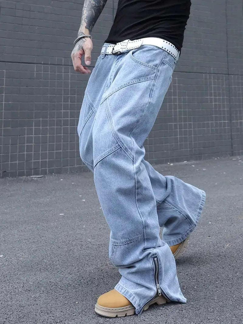 Men’s Multi-Seam Denim Pants – Solid Color Workwear Jeans with Zipper Closure & Regular Fit