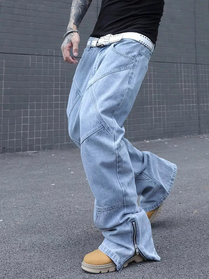 Men’s Multi-Seam Denim Pants – Solid Color Workwear Jeans with Zipper Closure & Regular Fit