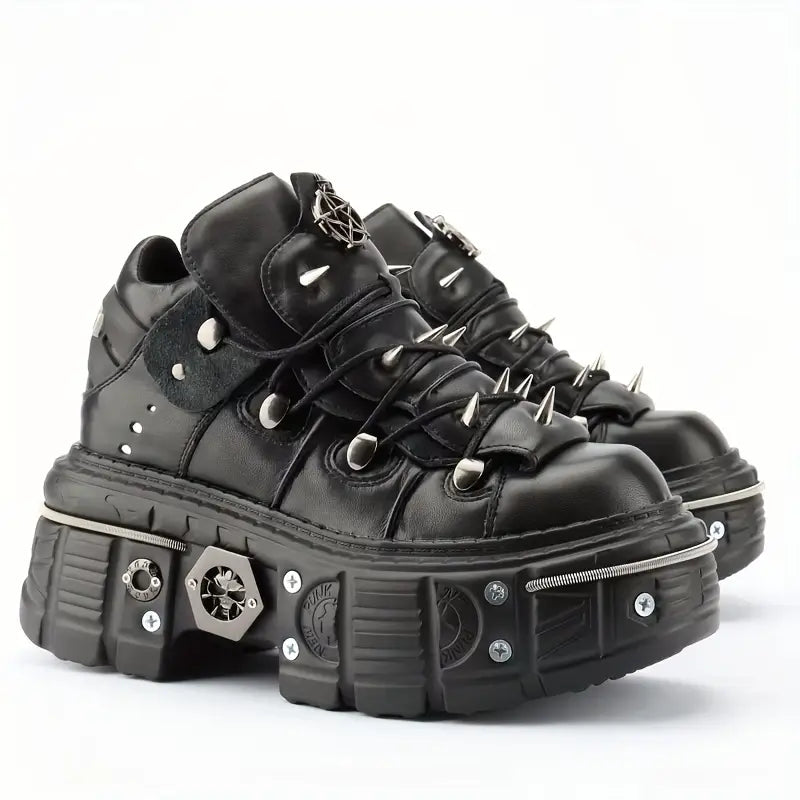 Unisex Punk Rivet-Studded Combat Sneakers – Gothic Black Platform Shoes with Metallic Accents