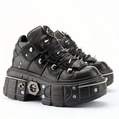 Unisex Punk Rivet-Studded Combat Sneakers – Gothic Black Platform Shoes with Metallic Accents