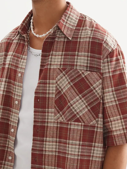 Men's Beige Blue Black Plaid Cropped Shirt Oversized Button-Up Relaxed Fit Short Sleeve Casual Top