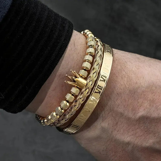 3-Piece Stainless Steel Roman Crown Bracelet Set – Glossy Woven Trend Design for Men & Women