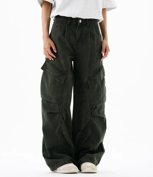 Men’s Cargo Pants – Loose Fit Draped Trousers with Large Pockets, Retro Streetwear Style Army Green