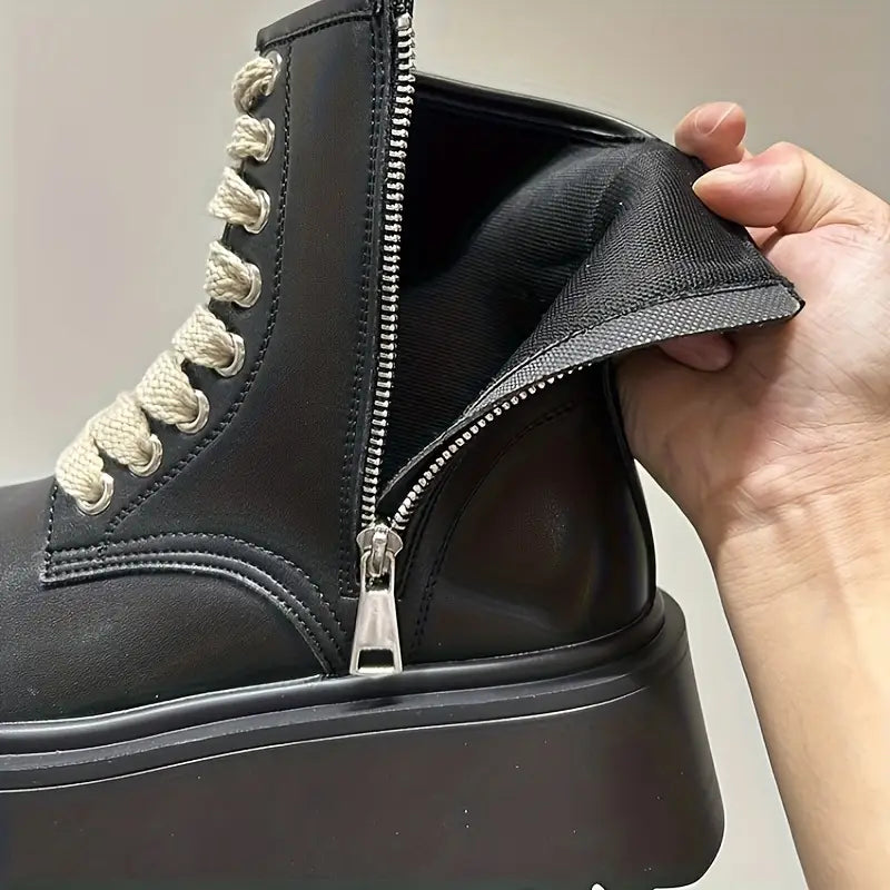 Men's Chunky Retro Boots – Height Boost, Side Zipper, Lace-Up, Thick Sole Streetwear Ankle Footwear