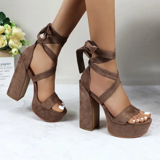 GLAZE Women’s Chunky Block Heel Sandals – Adjustable Lace-Up Crisscross Straps, Thick Platform Design with PU Synthetic Cover for Weddings, Parties & Summer Events