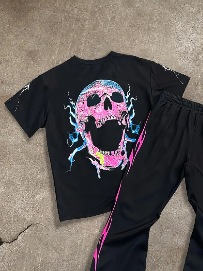 Men's Casual Graphic T-Shirt & Jogger Pants Set Black with Colorful Lightning Print Polyester Streetwear