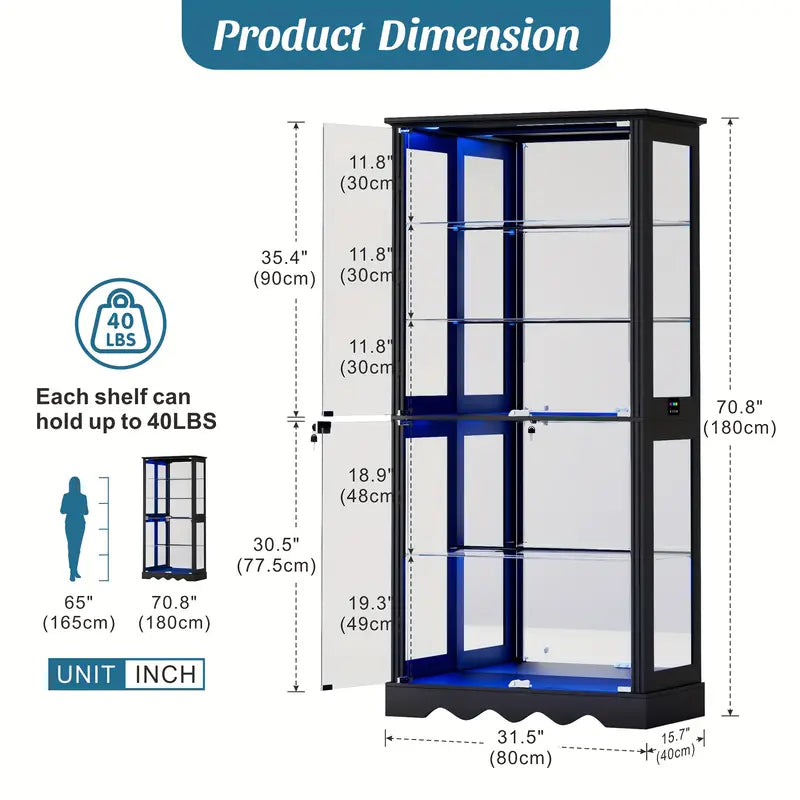 71'' Tall RGB LED Display Cabinet with Glass Doors Smart Modern Curio Case with Removable Shelves MDF Frame and Panel for Collectibles Books Medals Figures Black White