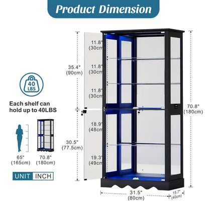 71'' Tall RGB LED Display Cabinet with Glass Doors Smart Modern Curio Case with Removable Shelves MDF Frame and Panel for Collectibles Books Medals Figures Black White