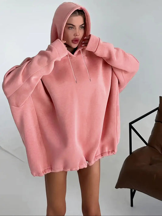 Women's Plus Size Oversized Pink Hoodie Cozy Polyester Blend Pullover with Drawstring Hood Casual Winter Sweatshirt Peach