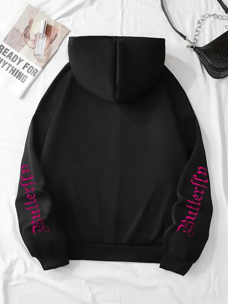 Women's Print Fleece-Lined Hooded Jacket Black with Pink Graphic Zip-Up Front Drawstring Hood Side Pockets