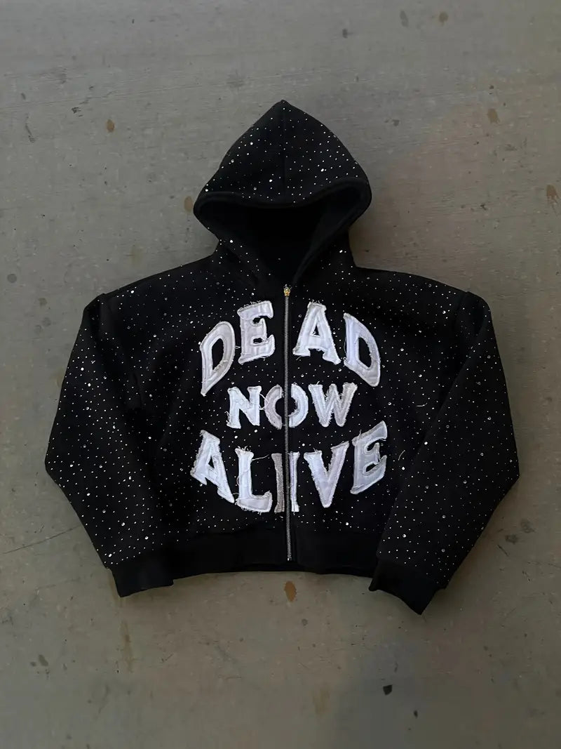 Women's Gothic Full-Zip Hoodie with Bold Letter Print Heavyweight Punk Rock Streetwear for Teens