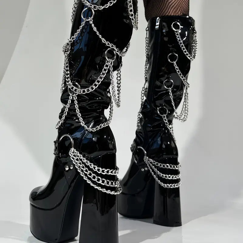 Gothic Chunky Platform Knee-High Boots – Black Patent with Chains, Rivets & Buckle Accents for Women