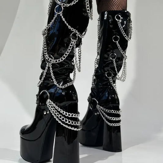 Gothic Chunky Platform Knee-High Boots – Black Patent with Chains, Rivets & Buckle Accents for Women
