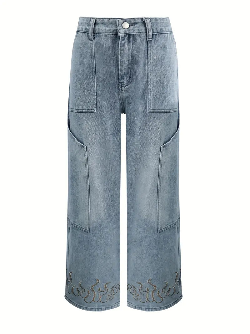 Men’s Flame Embroidery Jeans – Loose Fit Black Denim with Zipper Fly & Streetwear Stitching