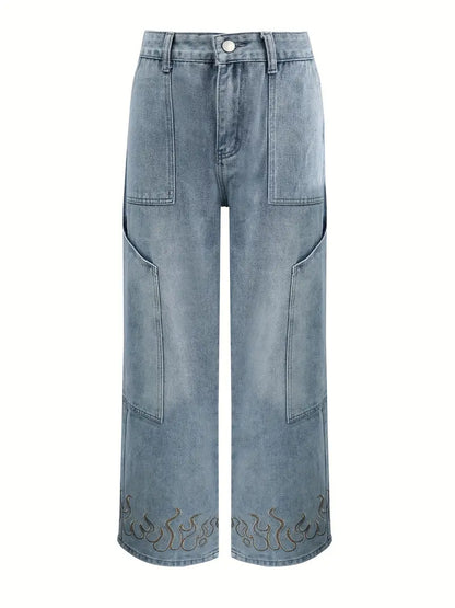 Men’s Flame Embroidery Jeans – Loose Fit Black Denim with Zipper Fly & Streetwear Stitching