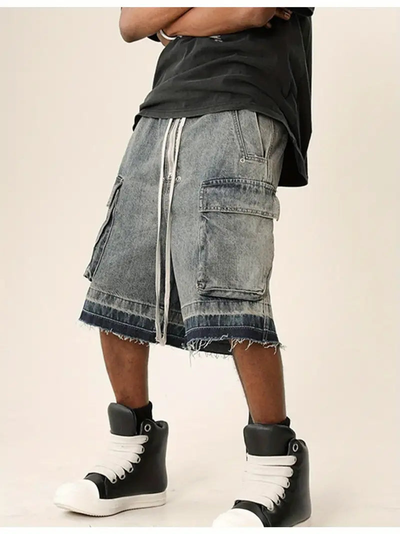 Men’s Y2K Goth Cargo Shorts – Baggy Denim Knee-Length with Multi-Pocket Streetwear Style