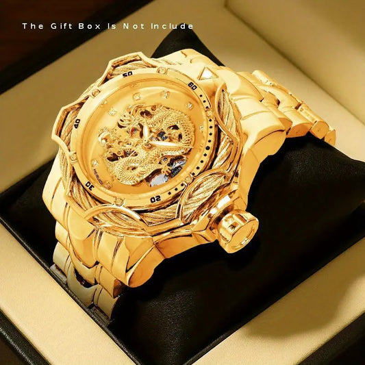 Men’s Golden Dragon Tourbillon Watch – Yellow Steel Strap, Skeleton Dial, Automatic Mechanical Movement, Formal & Luxury Style