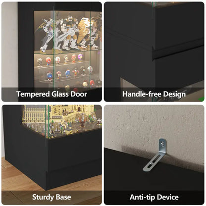Extra-Tall 4-Tier Glass Display Cabinet with LED Lighting – Freestanding Storage Unit with Adjustable Shelves & Anti-Tip Safety – Black, 64.96" Height