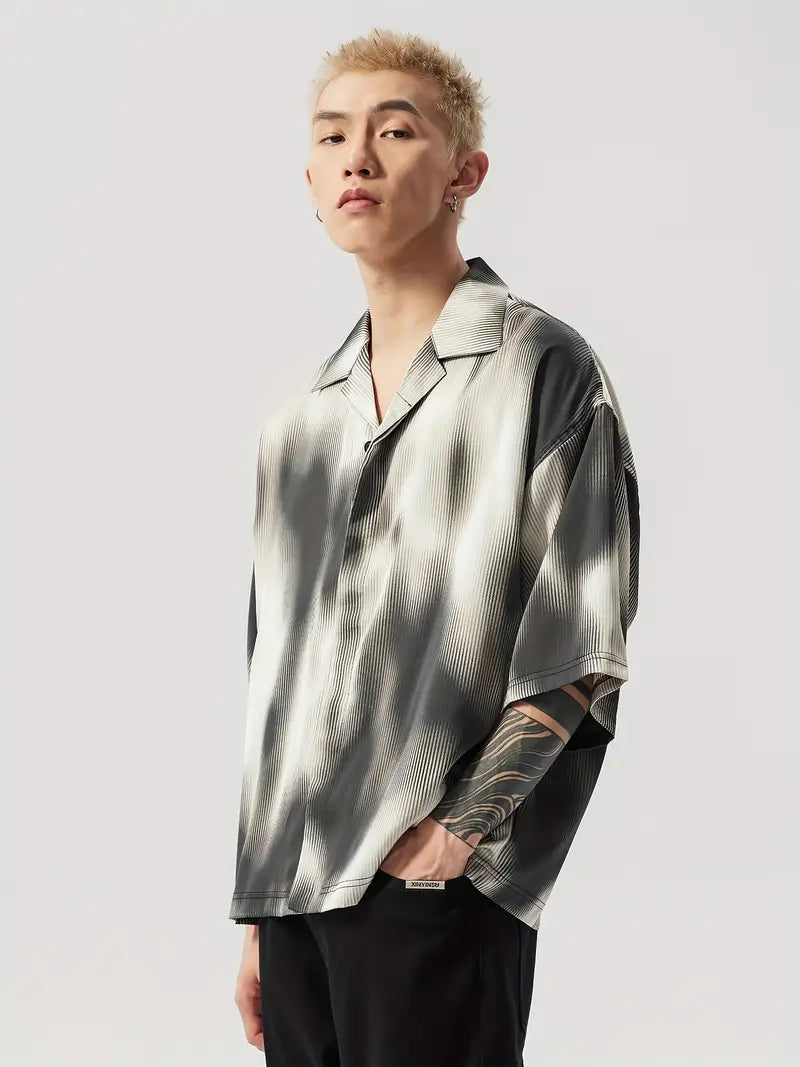 Unisex Ombre Polyester Shirt Lapel Collar Button-Up Short Sleeve Top for Summer Beach Party Wear