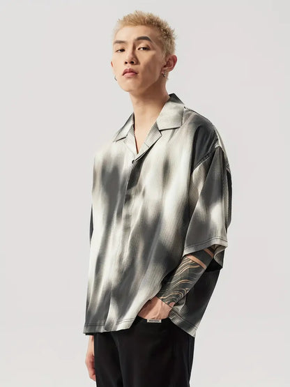 Unisex Ombre Polyester Shirt Lapel Collar Button-Up Short Sleeve Top for Summer Beach Party Wear