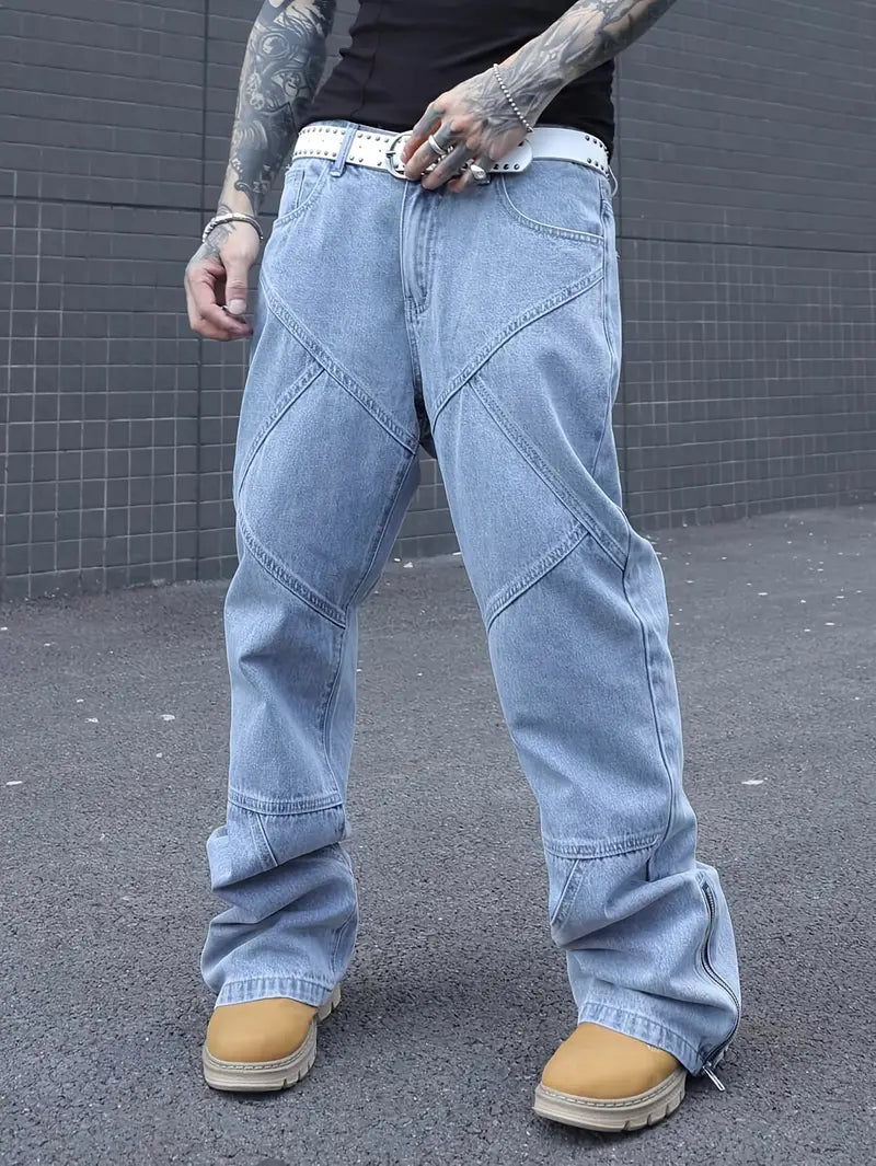 Men’s Multi-Seam Denim Pants – Solid Color Workwear Jeans with Zipper Closure & Regular Fit