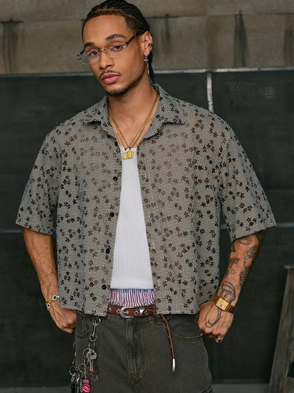 Men's Floral Print Short Sleeve Button-Up Shirt Loose Fit White Collar Brown Accents Summer