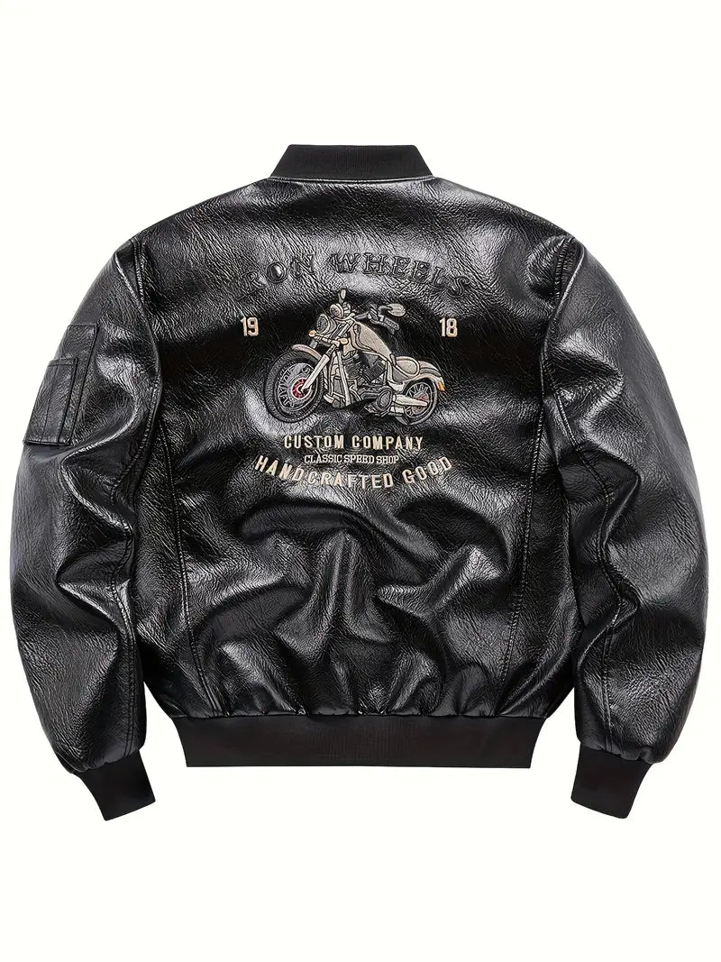 Men's Vintage Bomber Jacket PU Leather Zip-Up Baseball Collar with Patches Brown Glossy Outerwear Brown