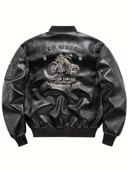 Men's Vintage Bomber Jacket PU Leather Zip-Up Baseball Collar with Patches Brown Glossy Outerwear Brown