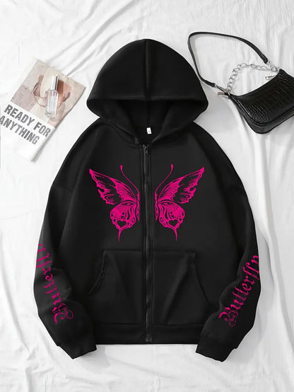 Women's Print Fleece-Lined Hooded Jacket Black with Pink Graphic Zip-Up Front Drawstring Hood Side Pockets