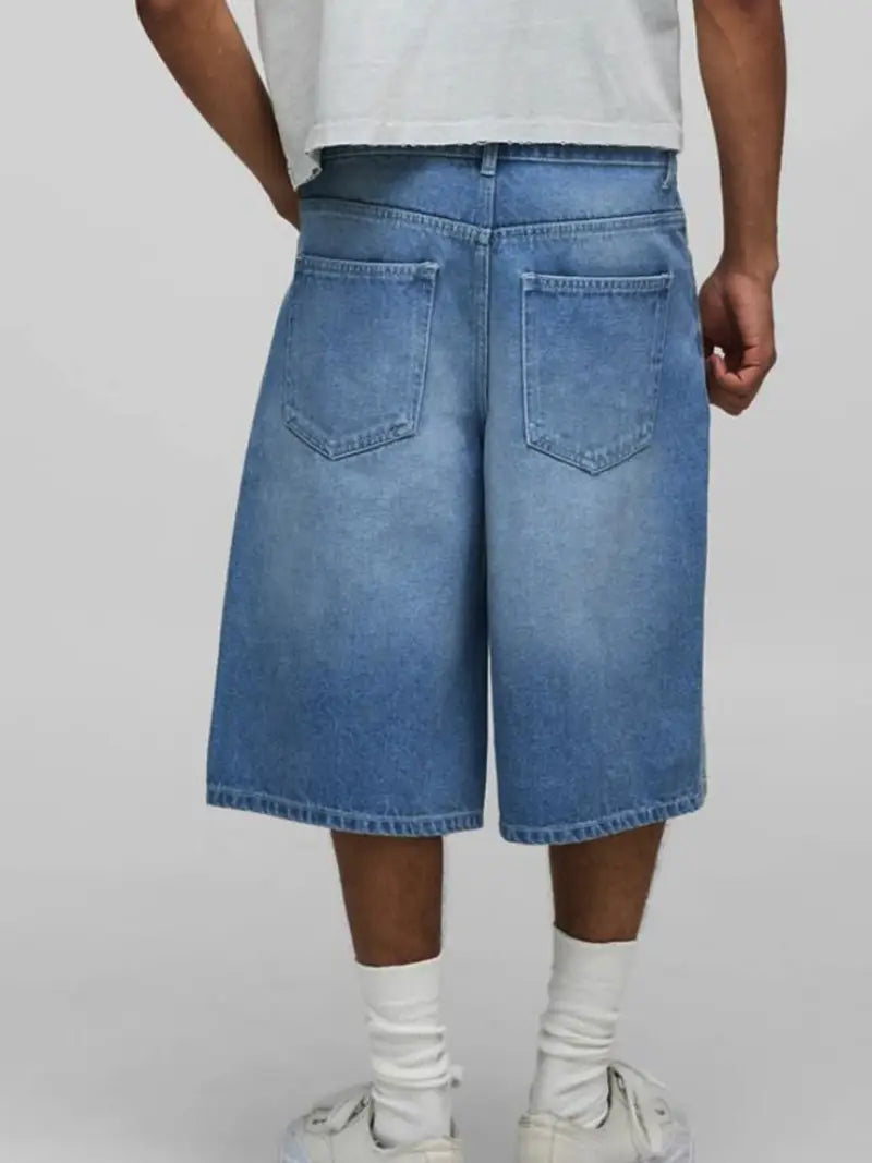 Men’s Knee-Length Denim Shorts – Loose Fit Cropped Jeans with Shiny Details, Belt Loops & Pockets