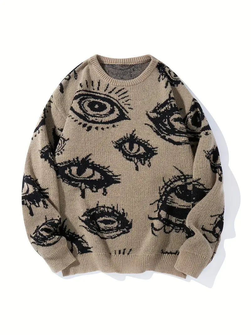 Eye Graphic Sweater – Unisex Streetwear Pullover, Black & White Knit, Fall Winter Fashion Coffe