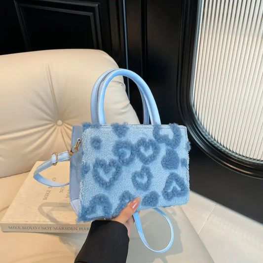 Women’s Summer Plush Small Square Handbag – Floral Heart Pattern, Zipper Closure, Detachable Strap, Multi-Color Crossbody Bag