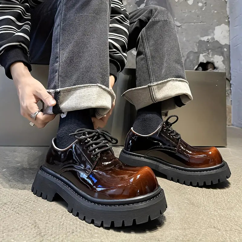 Men's Glossy Low-Top Sneakers – Brown, Round Toe, Cushioned Insole, Non-Slip Sole, Casual & Formal