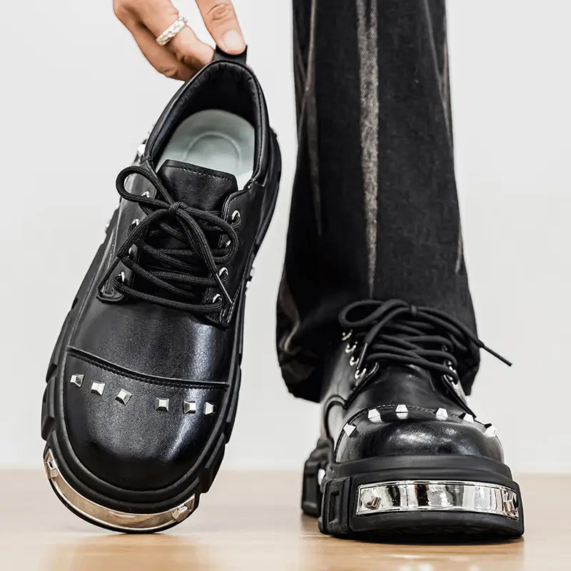 Unisex British Style Chunky Platform Derby Shoes – Rivet Accent, Casual & Semi-Formal