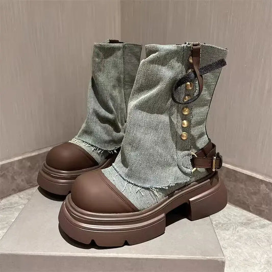 Women’s Korean Designer Chunky Platform Boots – PU Moccasin-Style Ankle Boots with Zipper Closure, Cuff Detailing & Pointed Toe for Autumn/Winter Casual & Formal Wear