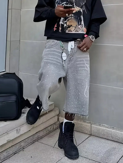 Men's Retro Washed Denim Shorts – Wide-Leg Cropped Jeans with Straight Fit & Casual Streetwear Style Grey