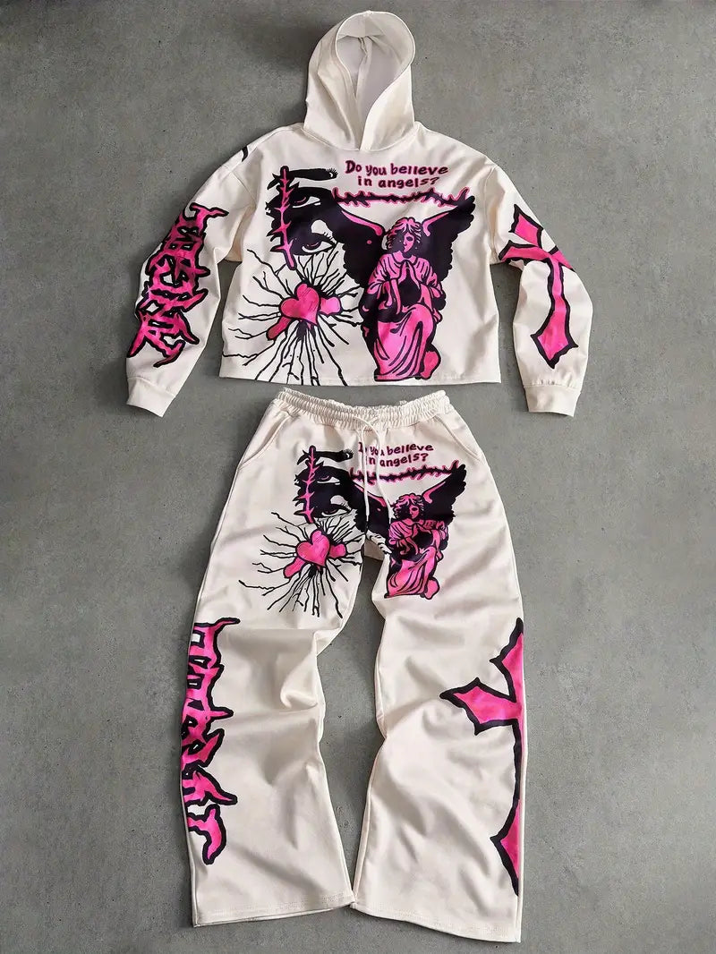 Men's 3D Angel Heart Hoodie Set Polyester Casual Streetwear Two-Piece Outfit with Graphic Sweatshirt & Pants